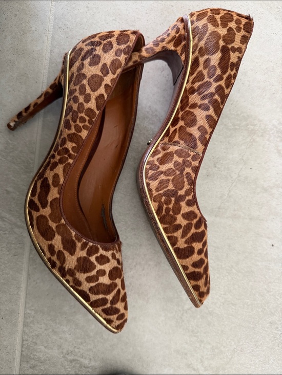 SCHUTZ Shoes - SCHUTZ Hair-Calf Leopard Print Pointed Toe Heels with Gold Trim